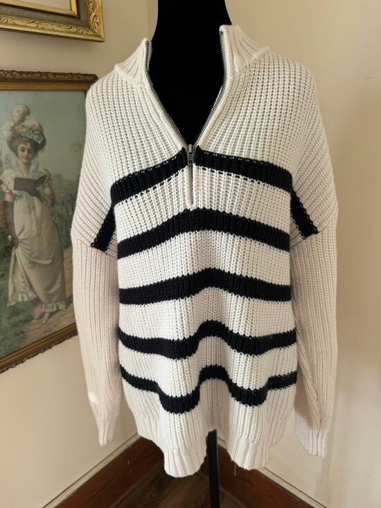 Sanctuary Sweaters - Sanctuary Chunky Knit Half Zip Sweater Cream Black Striped Size L